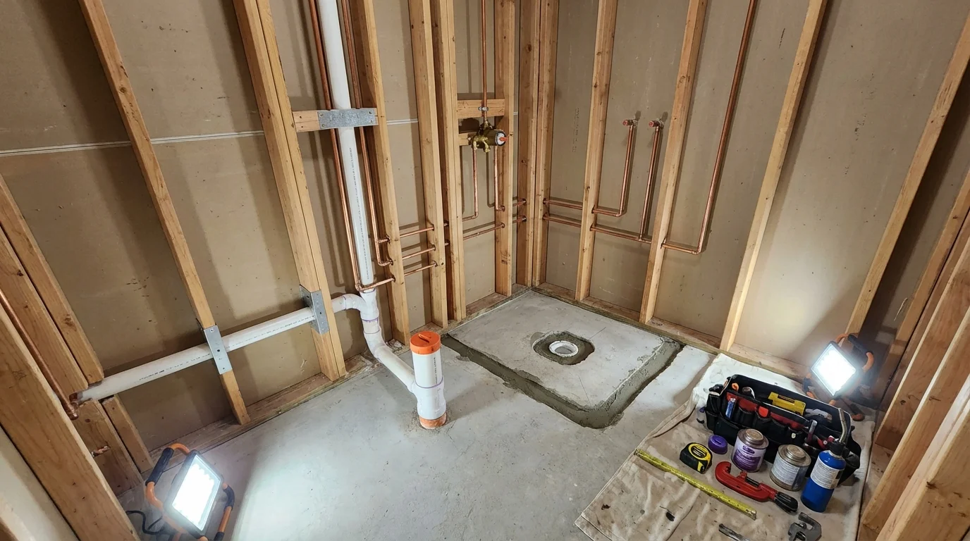 Bathroom rough-in plumbing during remodel by Johns Plumbing LLC in Islandia