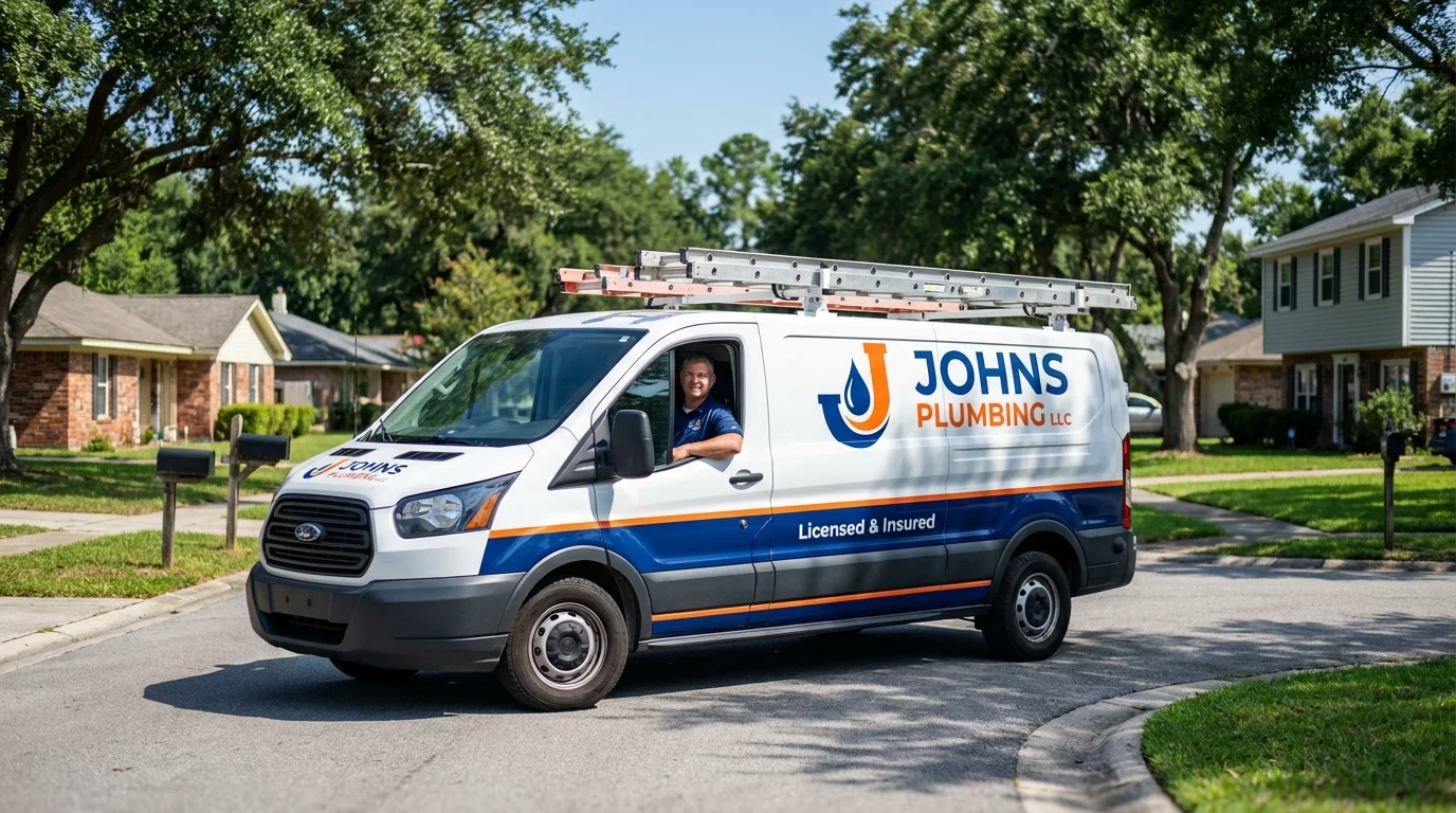 Johns Plumbing LLC service van in Islandia, NY