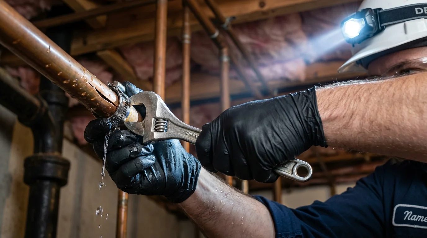 Emergency pipe clamp repair being performed by a Johns Plumbing LLC plumber in Islandia