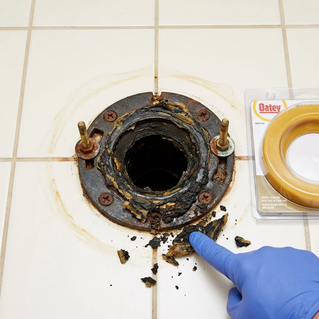 Failed wax ring showing water seepage at the base of a toilet in a Islandia, NY home