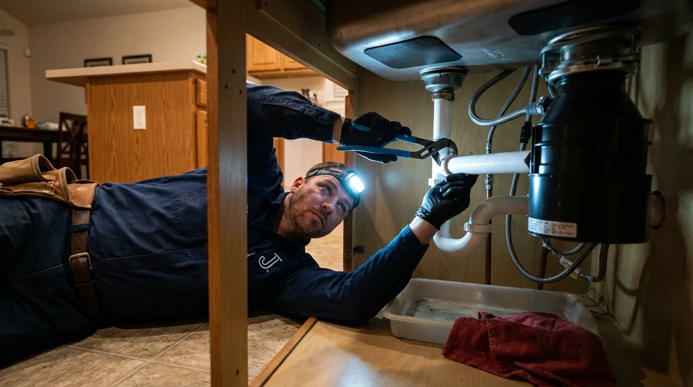 P-trap and supply line connections under a kitchen sink showing a common leak point in Islandia, NY